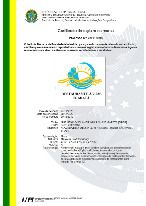 Certificado INPI nº 932.718.698 — Restaurante Águas Igaratá